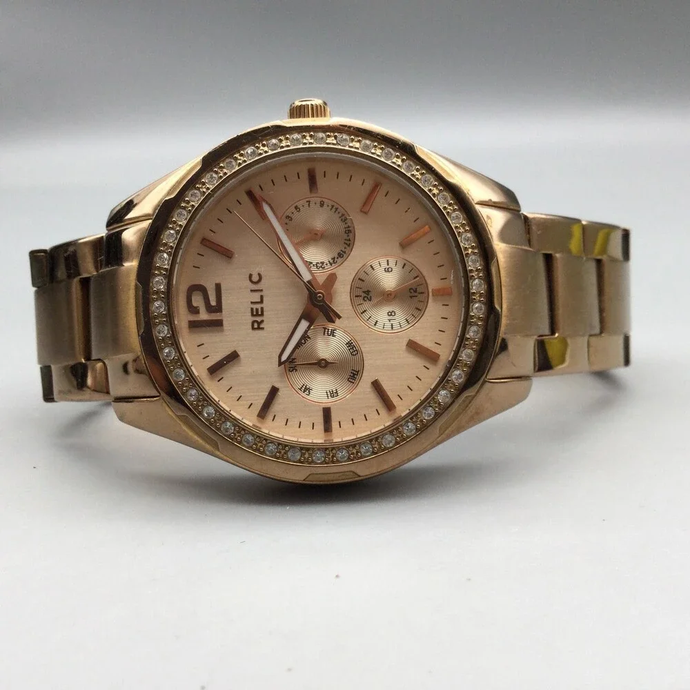 Relic Womens 37mm Gold Tone Watch Crystals Day Date Stainless New Battery 6.5